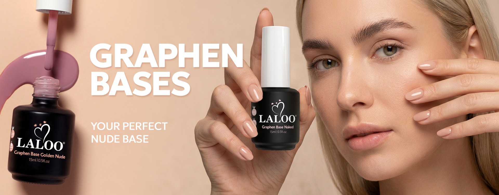 Laloo Graphen Base gel polish bottles with nude manicure - your perfect nude base